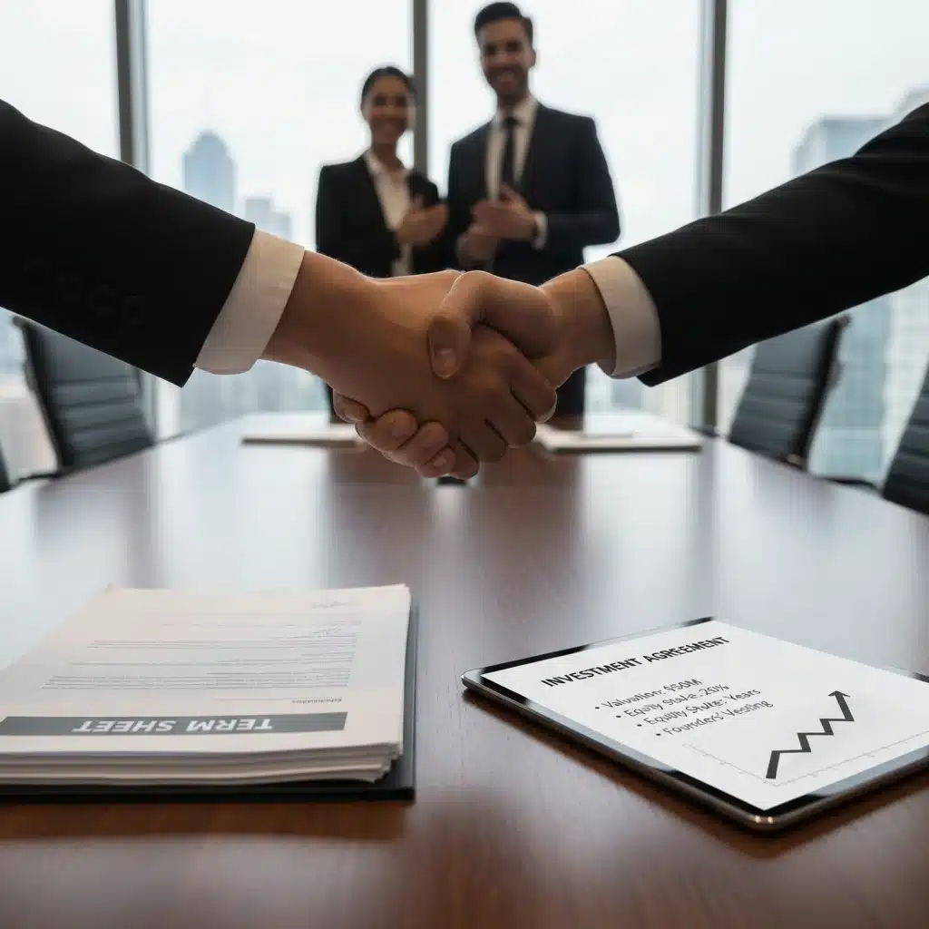 Venture capitalists shaking hands after closing a startup investment deal