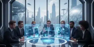 Futuristic ABM strategy meeting with holographic data display