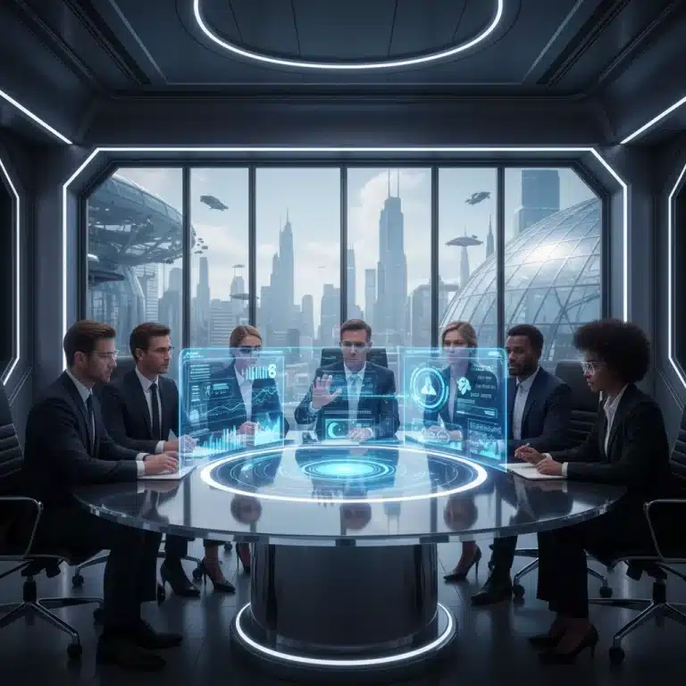 Futuristic ABM strategy meeting with holographic data display