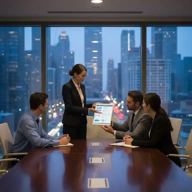 Professional B2B sales team negotiating a large contract in a modern office setting.