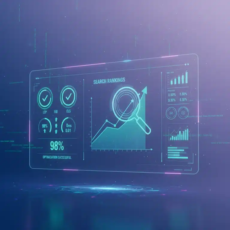 Futuristic dashboard showing optimal Core Web Vitals metrics and rising SEO rankings