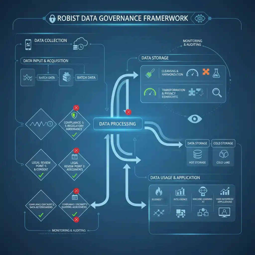 Flowchart illustrating data processing stages and compliance checkpoints for privacy regulations.