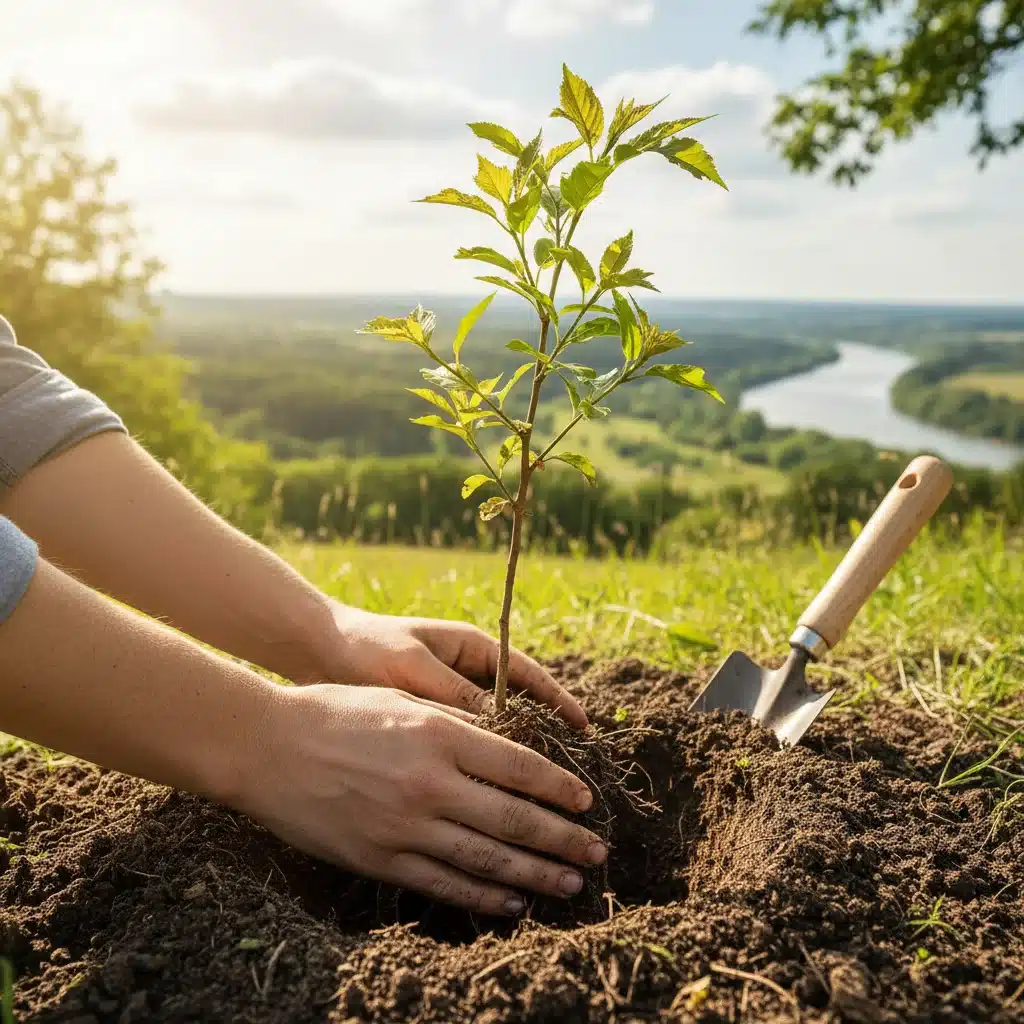 Hands planting a small tree, symbolizing environmental commitment
