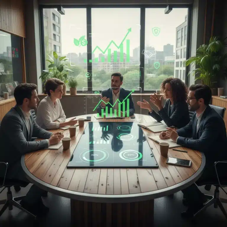 Startup founders discussing ESG strategies and sustainable growth