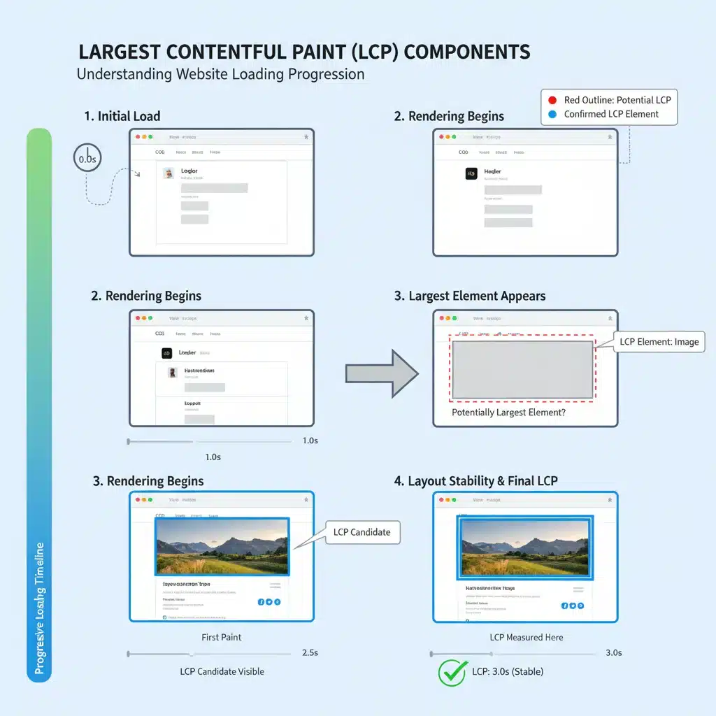 Infographic explaining Largest Contentful Paint (LCP) components and measurement