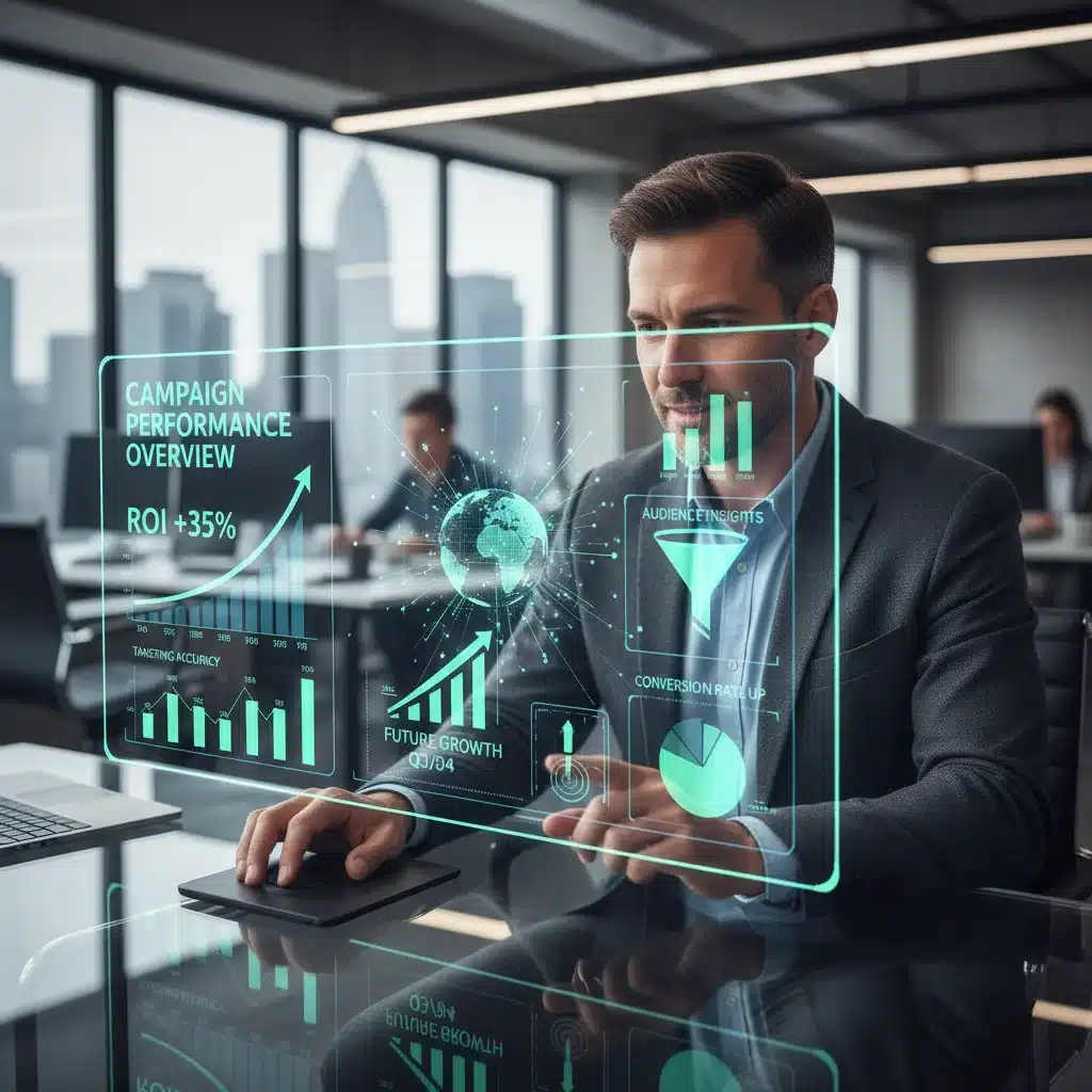 Marketer analyzing advanced analytics dashboard for campaign optimization