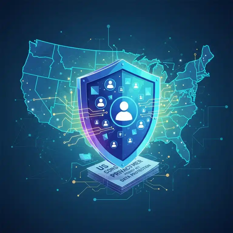 Shield protecting digital data and user icons over a US map, representing consumer privacy laws.