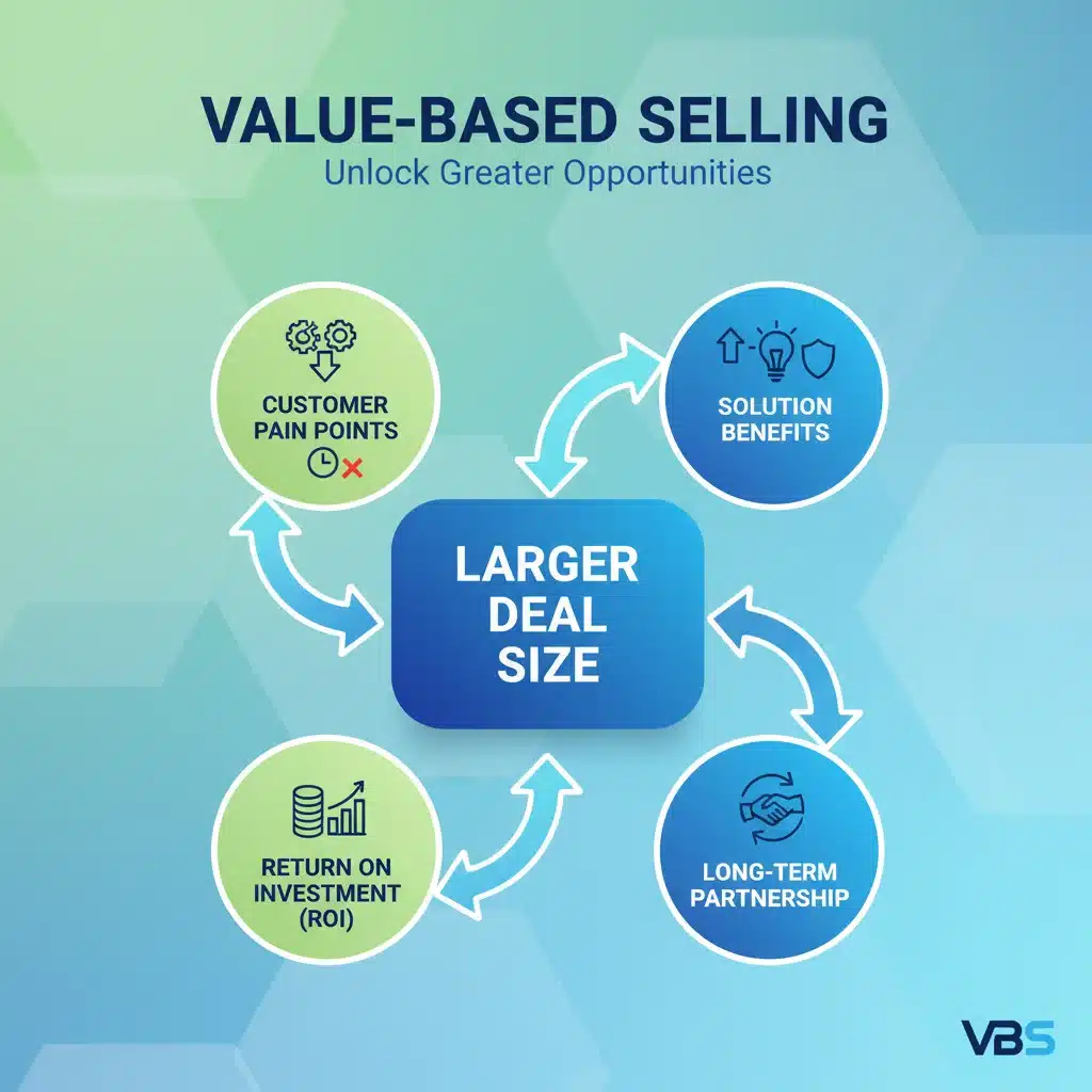 Infographic illustrating value-based selling principles and their impact on deal size.