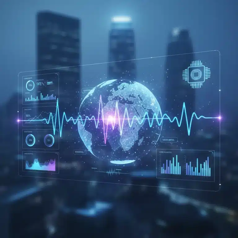 Futuristic voice search optimization dashboard with global data analytics