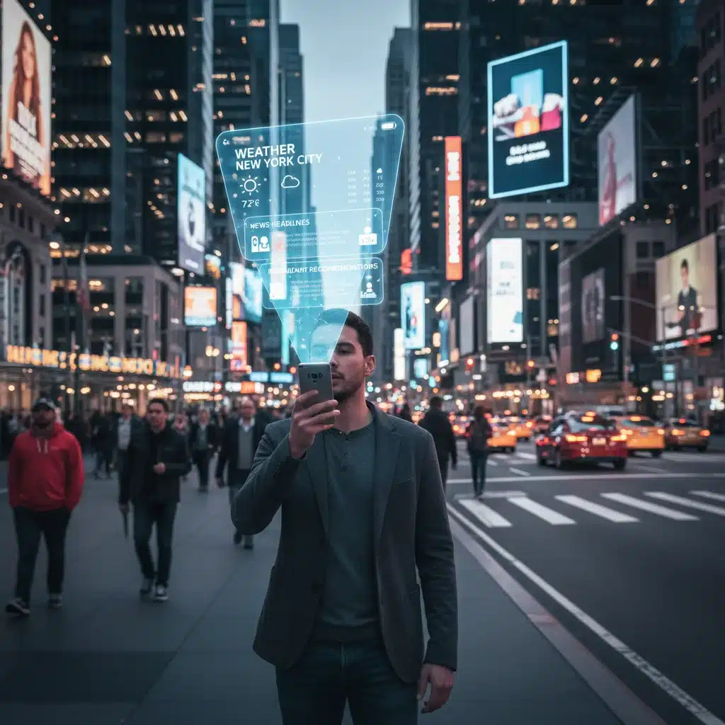 User interacting with voice search on smartphone in urban setting