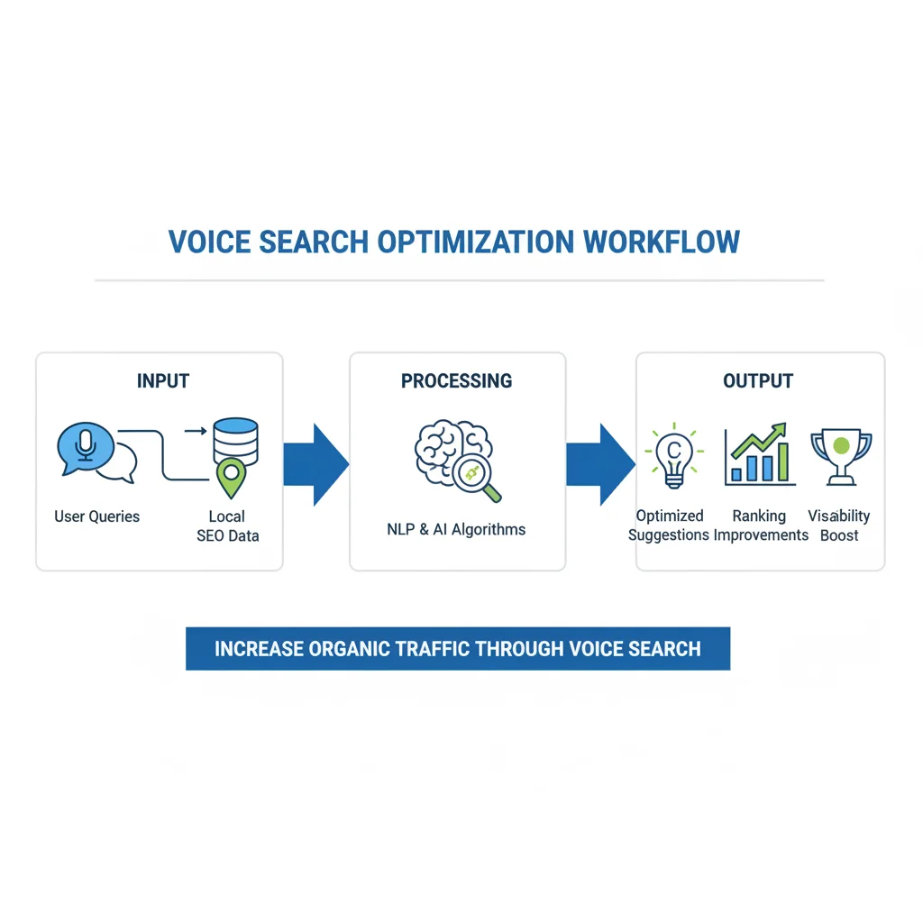 Infographic depicting voice search optimization tool workflow and benefits